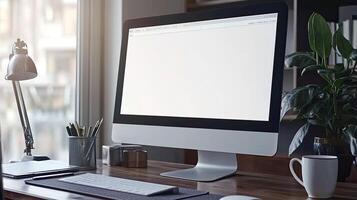 A white computer monitor close up on a table with copy space, a coffee mug, and a pen holder photo