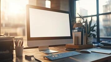 A white computer monitor close up on a table with copy space, a coffee mug, and a pen holder photo
