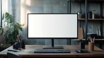 Close-up of a blank white screen computer monitor on a desk with office supplies in a minimalist home work space, front view, mockup template, soft blurred background, copy space concep photo