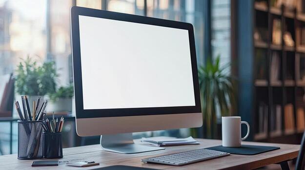 A white computer monitor close up on a table with copy space, a coffee mug, and a pen holder photo