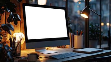 Close-up of a blank white screen computer monitor on a desk with office supplies in a minimalist home work space, front view, mockup template, soft blurred background, copy space concep photo