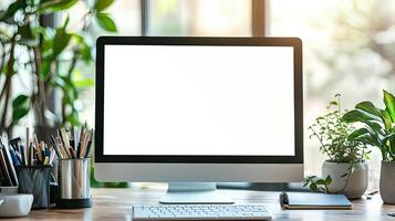 Close-up of a blank white screen computer monitor on a desk with office supplies in a minimalist home work space, front view, mockup template, soft blurred background, copy space concep photo