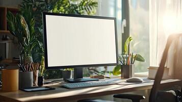Close-up of a blank white screen computer monitor on a desk with office supplies in a minimalist home work space, front view, mockup template, soft blurred background, copy space concep photo
