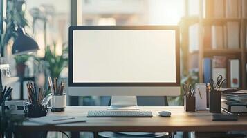 Close-up of a blank white screen computer monitor on a desk with office supplies in a minimalist home work space, front view, mockup template, soft blurred background, copy space concep photo