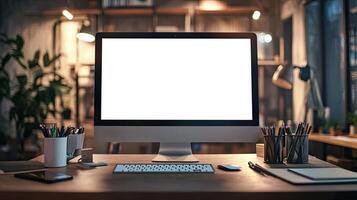 Close-up of a blank white screen computer monitor on a desk with office supplies in a minimalist home work space, front view, mockup template, soft blurred background, copy space concep photo