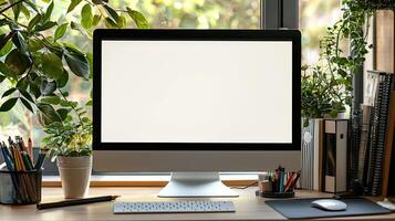 Close-up of a blank white screen computer monitor on a desk with office supplies in a minimalist home work space, front view, mockup template, soft blurred background, copy space concep photo