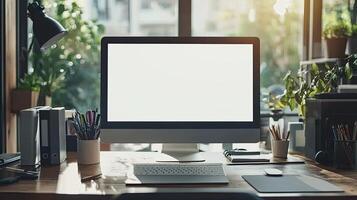 Close-up of a blank white screen computer monitor on a desk with office supplies in a minimalist home work space, front view, mockup template, soft blurred background, copy space concep photo