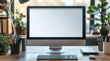 Close-up of a blank white screen computer monitor on a desk with office supplies in a minimalist home work space, front view, mockup template, soft blurred background, copy space concep photo