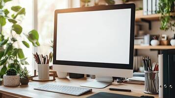 Close-up of a blank white screen computer monitor on a desk with office supplies in a minimalist home work space, front view, mockup template, soft blurred background, copy space concep photo