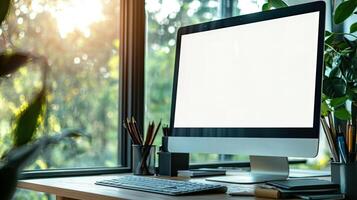 Close-up of a blank white screen computer monitor on a desk with office supplies in a minimalist home work space, front view, mockup template, soft blurred background, copy space concep photo