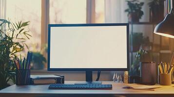 Close-up of a blank white screen computer monitor on a desk with office supplies in a minimalist home work space, front view, mockup template, soft blurred background, copy space concep photo