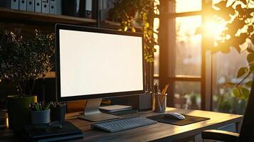 Close-up of a blank white screen computer monitor on a desk with office supplies in a minimalist home work space, front view, mockup template, soft blurred background, copy space concep photo