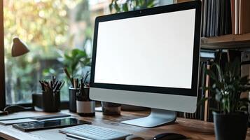 Close-up of a blank white screen computer monitor on a desk with office supplies in a minimalist home work space, front view, mockup template, soft blurred background, copy space concep photo
