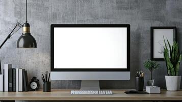 computer with a blank white screen on a desk in a modern office room, a mockup for artwork or text display template, with copy space. White background photo