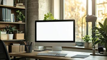 computer with a blank white screen on a desk in a modern office room, a mockup for artwork or text display template, with copy space. White background photo