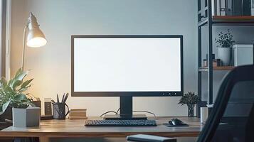 computer with a blank white screen on a desk in a modern office room, a mockup for artwork or text display template, with copy space. White background photo
