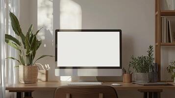 computer with a blank white screen on a desk in a modern office room, a mockup for artwork or text display template, with copy space. White background photo