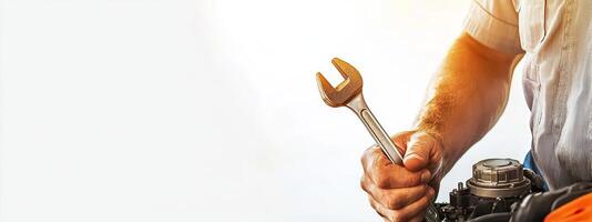 Mechanic working with wrench in auto repair shop. Car service and maintenance concept photo