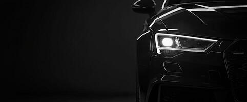 Closeup view of car front headlight showcasing modern design and highend automotive craftsmanship against a dark background photo