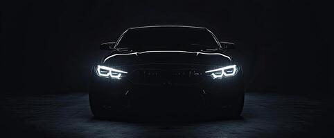 Closeup view of car front headlight showcasing modern design and highend automotive craftsmanship against a dark background photo