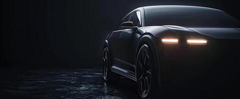 Closeup view of car front headlight showcasing modern design and highend automotive craftsmanship against a dark background photo