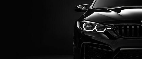 Closeup view of car front headlight showcasing modern design and highend automotive craftsmanship against a dark background photo