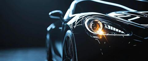 Closeup view of car front headlight showcasing modern design and highend automotive craftsmanship against a dark background photo