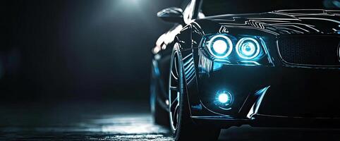 Closeup view of car front headlight showcasing modern design and highend automotive craftsmanship against a dark background photo