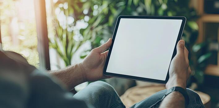 Close up of male hands using digital tablet with blank white screen photo