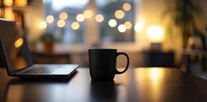 Laptop and coffee cup on black table in office. Workplace concept photo