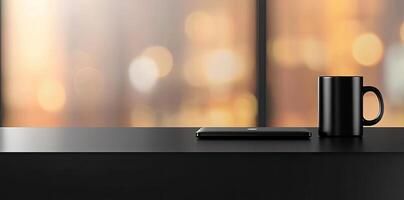 Laptop and coffee cup on black table in office. Workplace concept photo