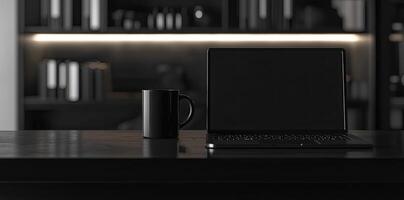 Laptop and coffee cup on black table in office. Workplace concept photo