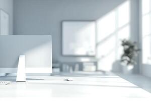 Blurred office background with a computer and white desk in a modern interior, a business work space concept, a mockup for product display presentation, with a white background photo