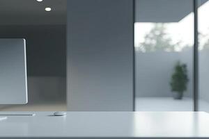 Blurred office background with a computer and white desk in a modern interior, a business work space concept, a mockup for product display presentation, with a white background photo