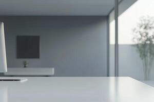 Blurred office background with a computer and white desk in a modern interior, a business work space concept, a mockup for product display presentation, with a white background photo