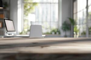Blurred office background with a computer and white desk in a modern interior, a business work space concept, a mockup for product display presentation, with a white background photo