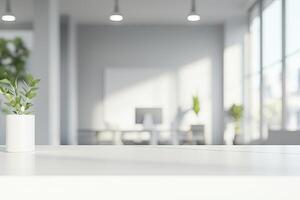 Blurred office background with a computer and white desk in a modern interior, a business work space concept, a mockup for product display presentation, with a white background photo