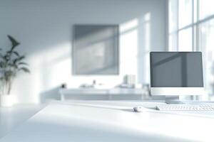 Blurred office background with a computer and white desk in a modern interior, a business work space concept, a mockup for product display presentation, with a white background photo