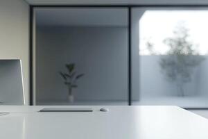 Blurred office background with a computer and white desk in a modern interior, a business work space concept, a mockup for product display presentation, with a white background photo