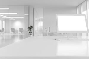 Blurred office background with a computer and white desk in a modern interior, a business work space concept, a mockup for product display presentation, with a white background photo