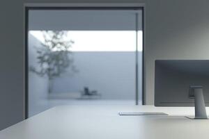 Blurred office background with a computer and white desk in a modern interior, a business work space concept, a mockup for product display presentation, with a white background photo