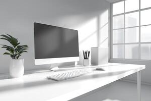 Blurred office background with a computer and white desk in a modern interior, a business work space concept, a mockup for product display presentation, with a white background photo