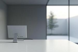 Blurred office background with a computer and white desk in a modern interior, a business work space concept, a mockup for product display presentation, with a white background photo