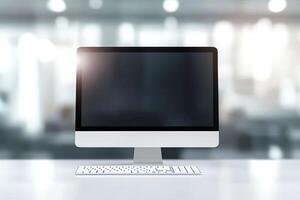 Blurred office background with a computer and white desk in a modern interior, a business work space concept, a mockup for product display presentation, with a white background photo