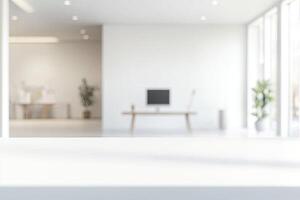 Blurred office background with a computer and white desk in a modern interior, a business work space concept, a mockup for product display presentation, with a white background photo