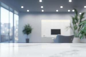 Blurred office background with a computer and white desk in a modern interior, a business work space concept, a mockup for product display presentation, with a white background photo