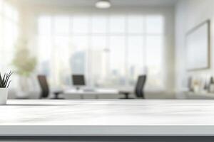 Blurred office background with a computer and white desk in a modern interior, a business work space concept, a mockup for product display presentation, with a white background photo