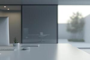 Blurred office background with a computer and white desk in a modern interior, a business work space concept, a mockup for product display presentation, with a white background photo