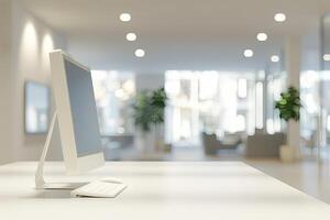 Blurred office background with a computer and white desk in a modern interior, a business work space concept, a mockup for product display presentation, with a white background photo