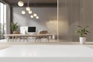 Blurred office background with a computer and white desk in a modern interior, a business work space concept, a mockup for product display presentation, with a white background photo